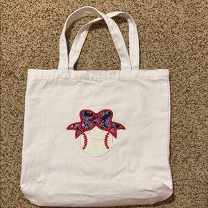White Tote Bag with Baseball Bow Design